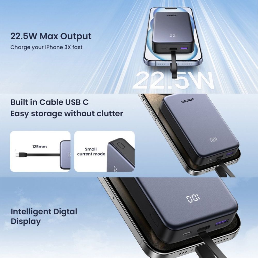 Външна батерия UGREEN PB505, 20000mAh, 22.5W, QC + PD, 1 x USB-A - 2 x USB-C, Сивa