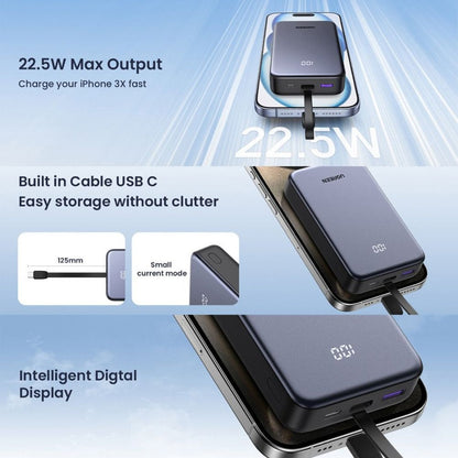 Външна батерия UGREEN PB505, 20000mAh, 22.5W, QC + PD, 1 x USB-A - 2 x USB-C, Сивa