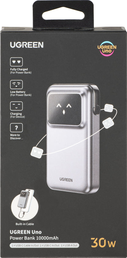 Външна батерия UGREEN PB511 Uno, 10000mAh, 30W, QC + PD, 1 x USB-A - 2 x USB-C, Сив