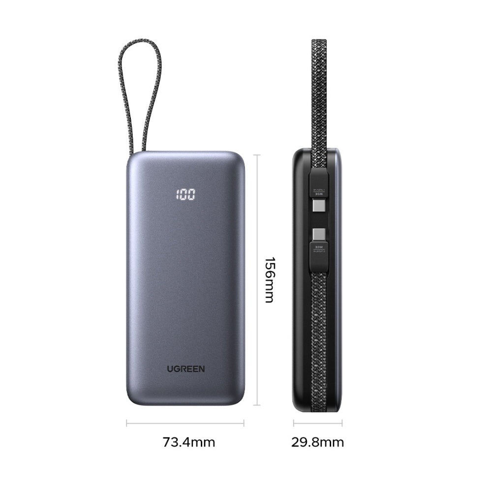 Външна батерия UGREEN PB528 (55985B), 20000mAh, 30W, QC + PD, 1 x USB-A - 3 x USB-C, Сив