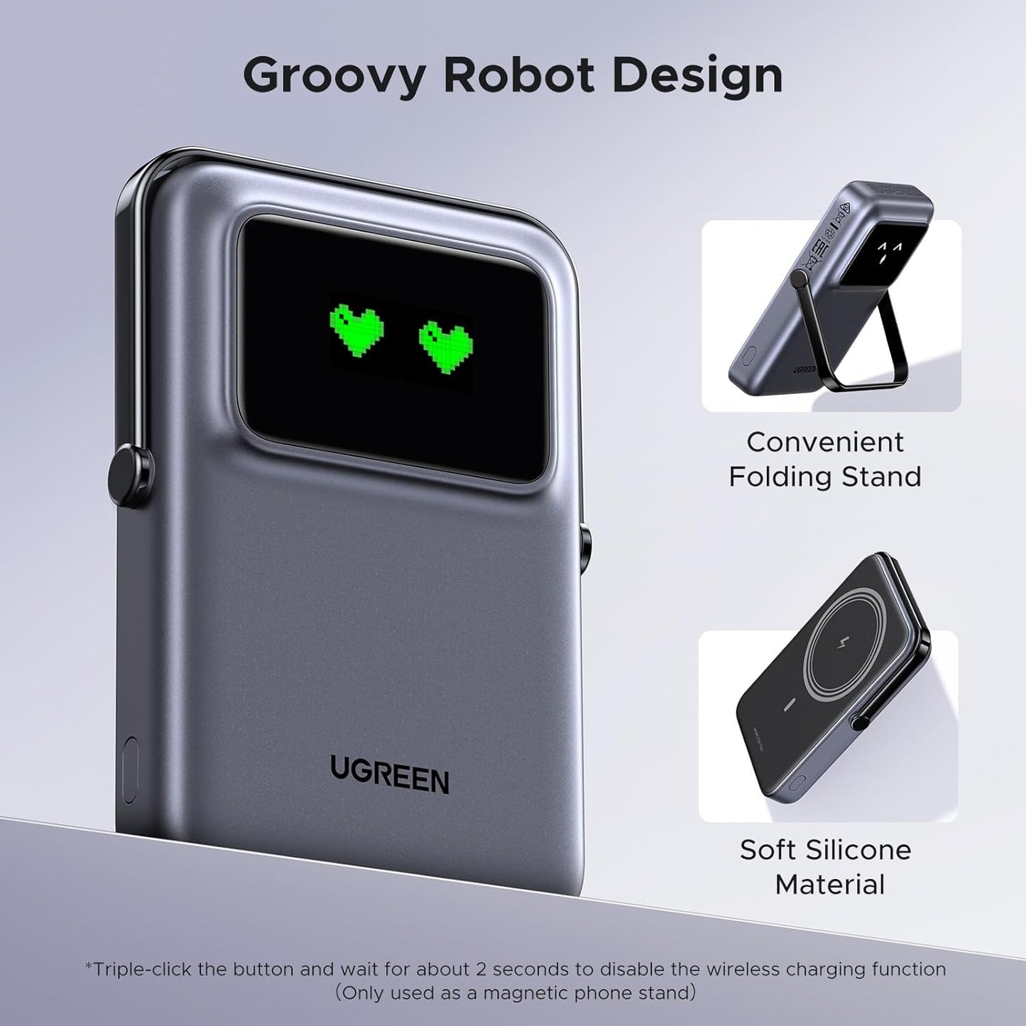 Външна батерия Wireless UGREEN PB572 Uno, 10000mAh, 20W, PD + FQI, 1 x QI - 1 x USB-C, Сив