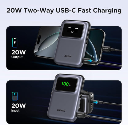 Външна батерия Wireless UGREEN PB572 Uno, 10000mAh, 20W, PD + FQI, 1 x QI - 1 x USB-C, Сив