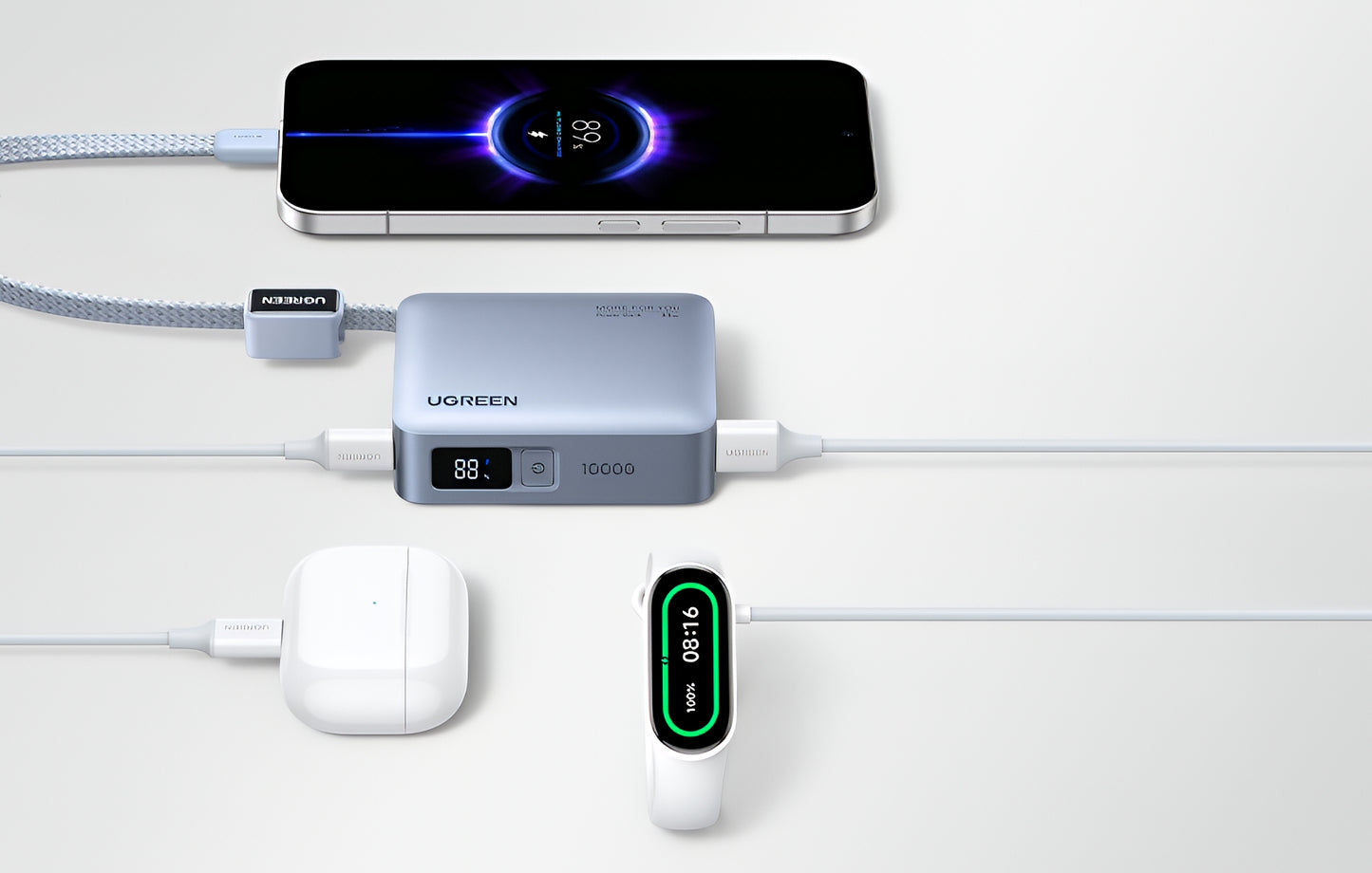 Външна батерия UGREEN PB584 (75173B), 10000mAh, 33W, QC + PD, 1 x USB-A - 2 x USB-C, Синя