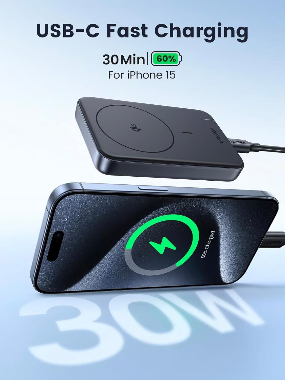 Външна батерия UGREEN PB761, 10000mAh, 30W, PD + FQI, 1 x QI - 1 x USB-C, Сив