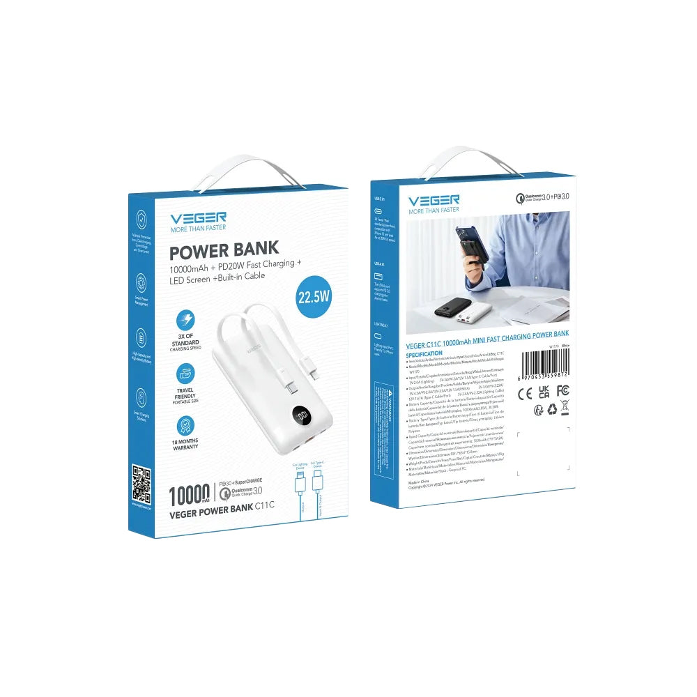 Veger C11C External Battery, 10000mAh, 22.5W, QC + PD, 1 x Lightning - 1 x USB-A - 2 x USB-C, White