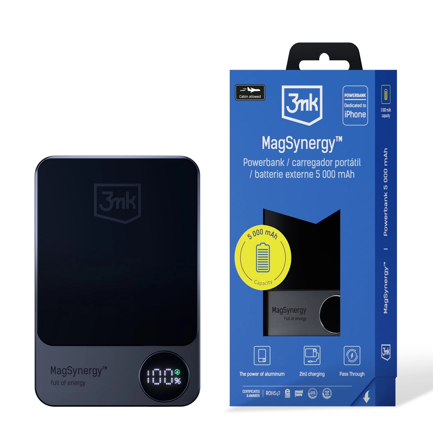 3MK MagSynergy Безжична външна батерия, 5000mAh, 18W, PD + FQI, 1 x QI - 1 x USB-C, черна