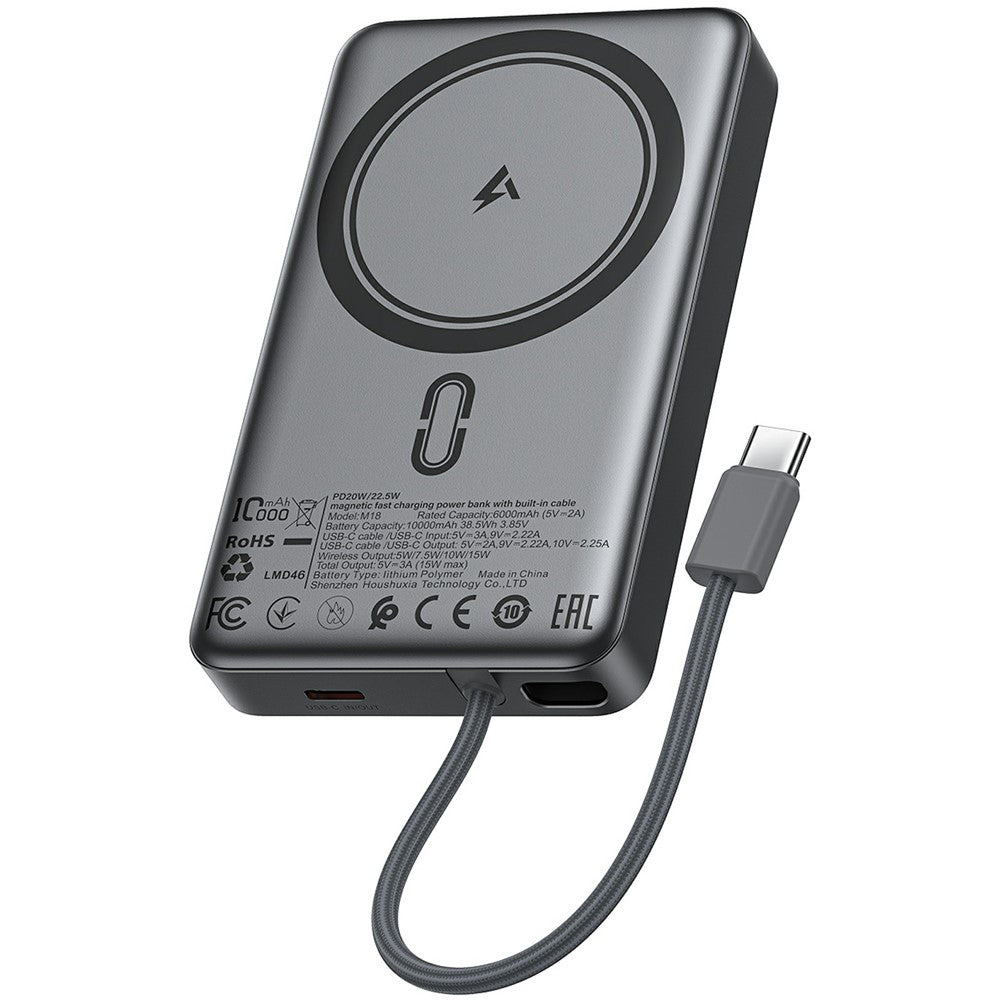 Външна безжична батерия Acefast M18, 10000mAh, 22.5W, PD + FQI, 1 x QI - 2 x USB-C, Черна