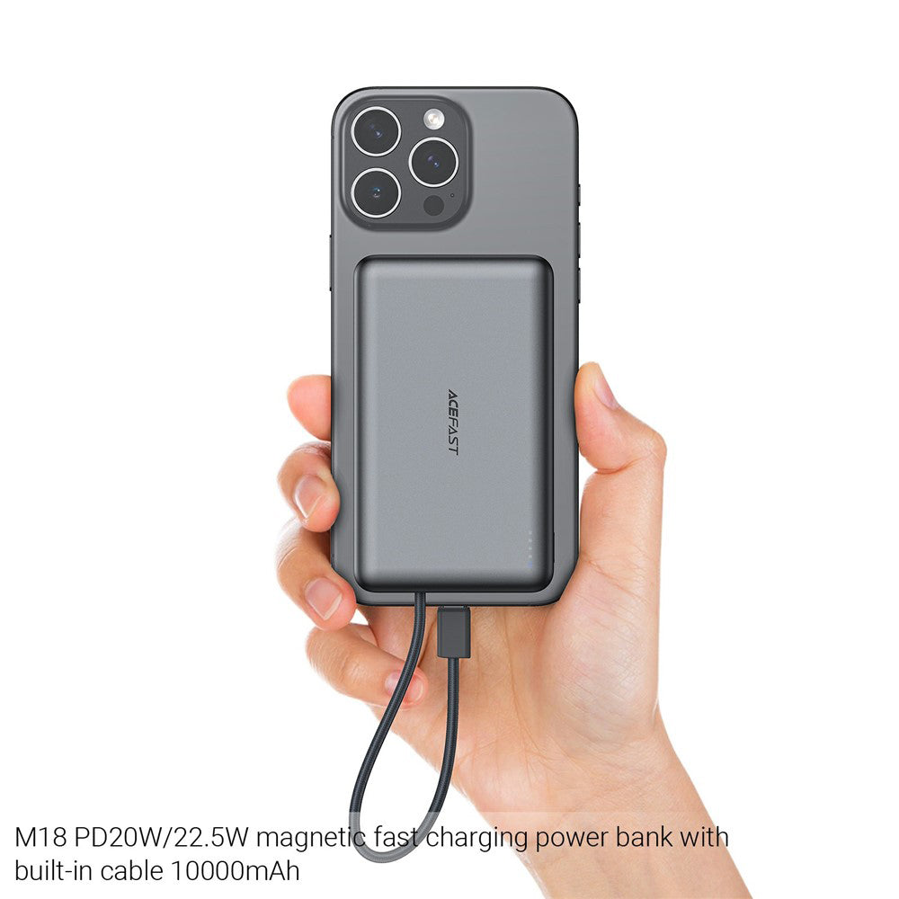 Външна безжична батерия Acefast M18, 10000mAh, 22.5W, PD + FQI, 1 x QI - 2 x USB-C, Черна