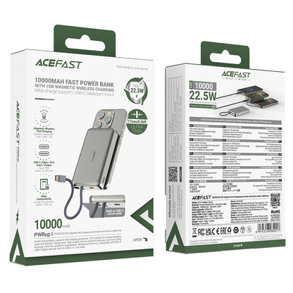 Външна безжична батерия Acefast M18, 10000mAh, 22.5W, PD + FQI, 1 x QI - 2 x USB-C, Черна