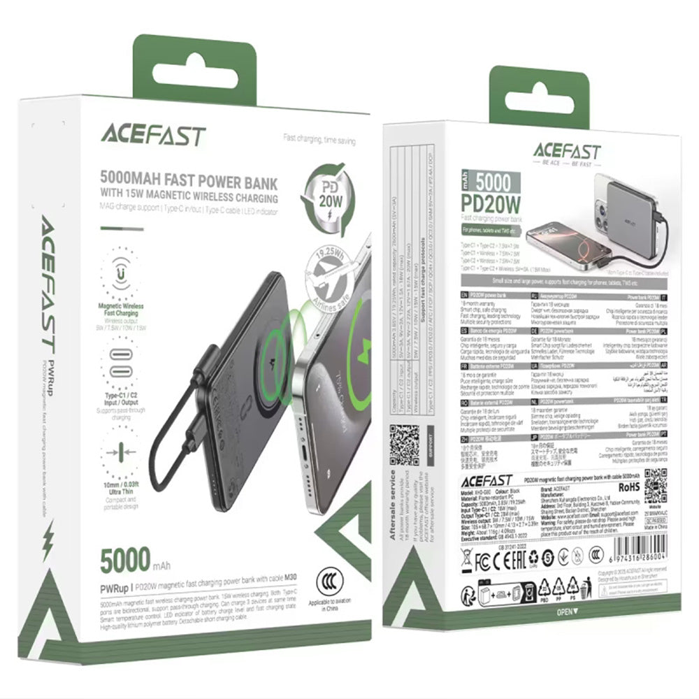 Външна батерия Wireless Acefast M30, 5000mAh, 20W, PD + FQI, 1 x QI - 2 x USB-C, Черна