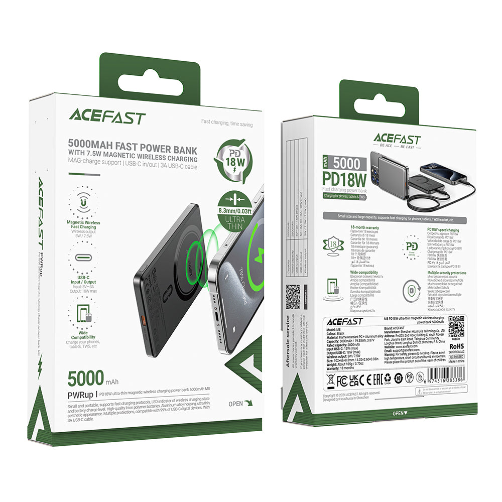 Външна батерия Wireless Acefast M8, 5000mAh, 18W, PD + FQI, 1 x QI - 1 x USB-C, Черна