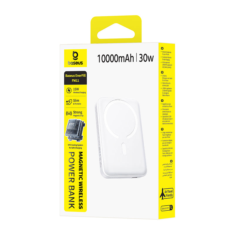 Безжичен външен акумулатор Baseus EnerFill FM11, 10000mAh, 30W, PD + FQI, 1 x QI - 1 x USB-C, бял