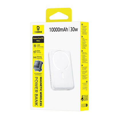 Безжичен външен акумулатор Baseus EnerFill FM11, 10000mAh, 30W, PD + FQI, 1 x QI - 1 x USB-C, бял