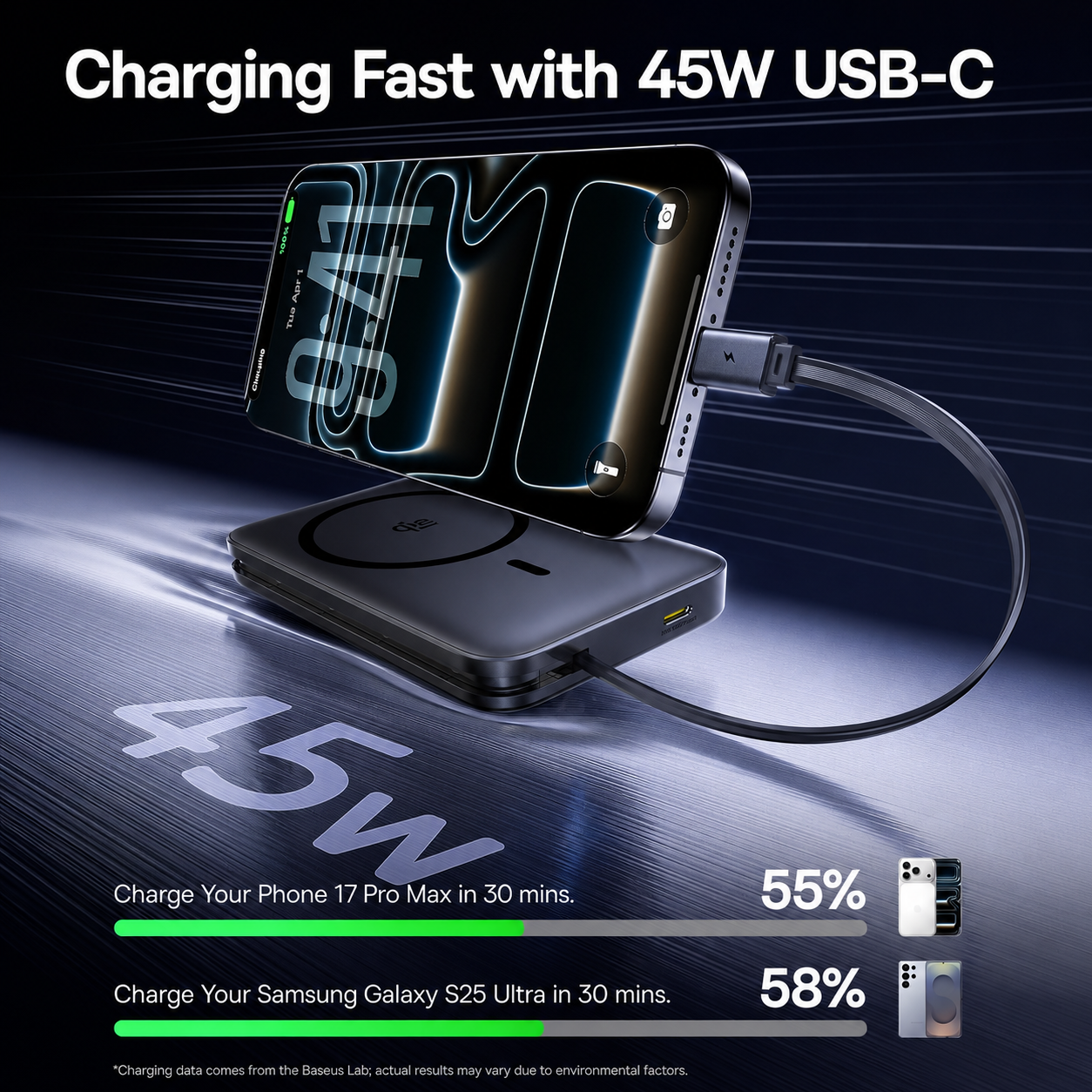 Безжичен външен акумулатор Baseus PicoGo AM61, 10000mAh, 45W, PD + FQI, 1 x QI - 2 x USB-C, Черен E0028V00