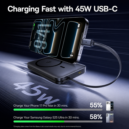 Безжичен външен акумулатор Baseus PicoGo AM61, 10000mAh, 45W, PD + FQI, 1 x QI - 2 x USB-C, Черен E0028V00