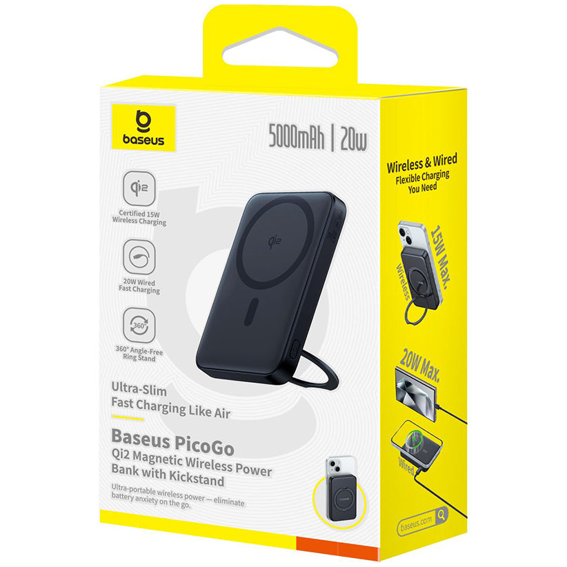 Външна батерия Wireless Baseus PicoGo, 5000mAh, 20W, PD + FQI, 1 x QI - 1 x USB-C, Черна P10076802123-00