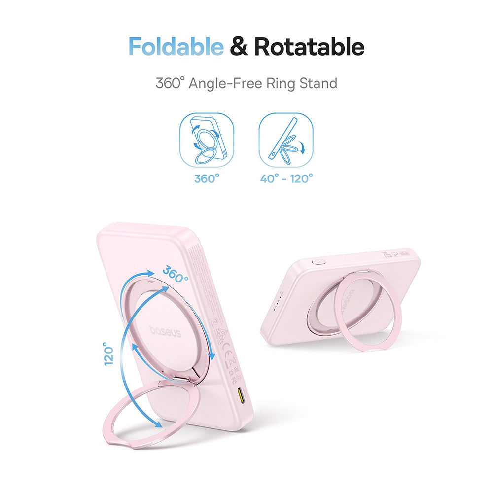 Външна батерия Wireless Baseus PicoGo, 5000mAh, 20W, PD + FQI, 1 x QI - 1 x USB-C, Розова P10076800413-00
