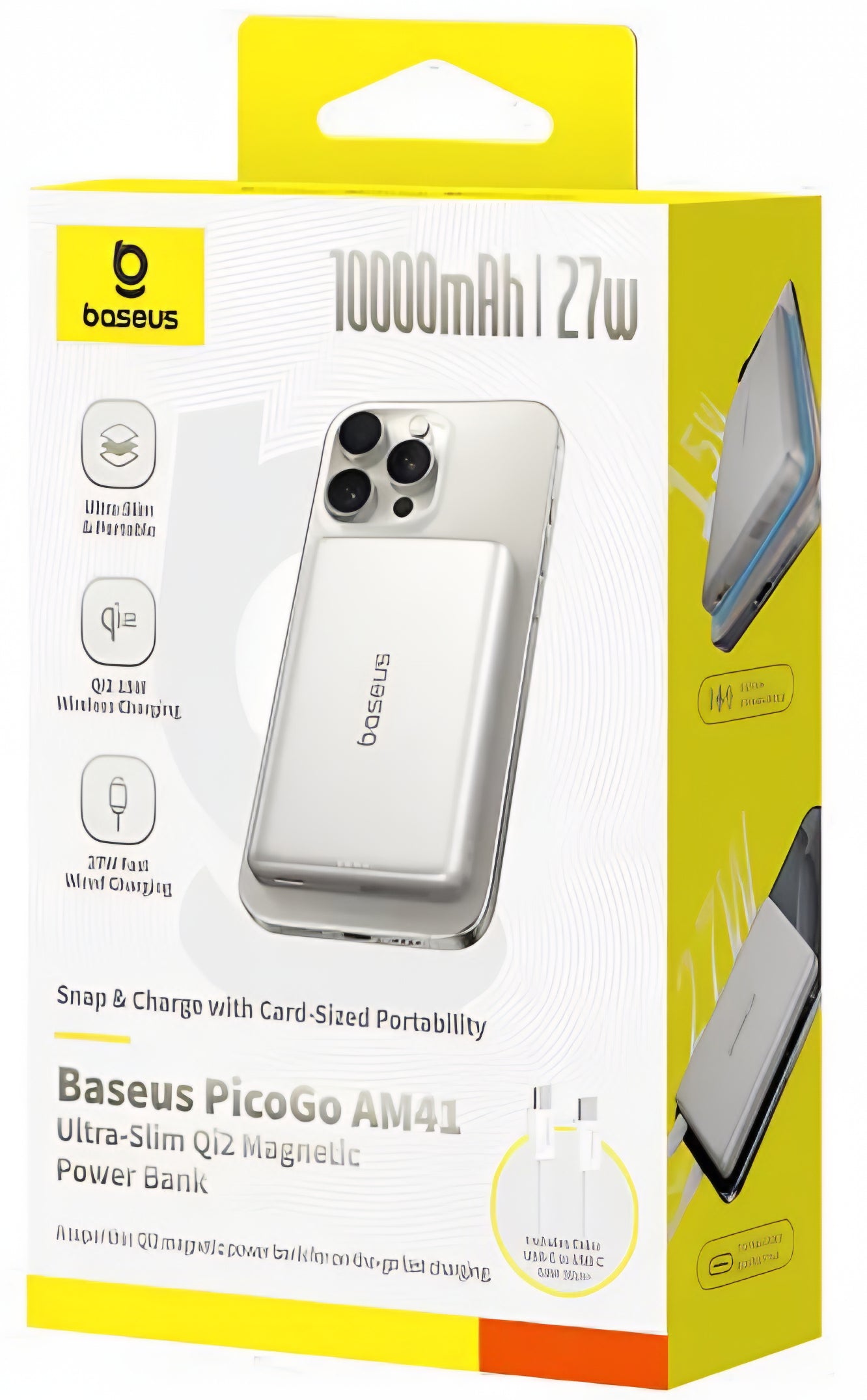 Външна батерия Wireless Baseus PicoGo AM41, 10000mAh, 27W, PD + FQI, 1 x QI - 1 x USB-C, Бежов E0027203