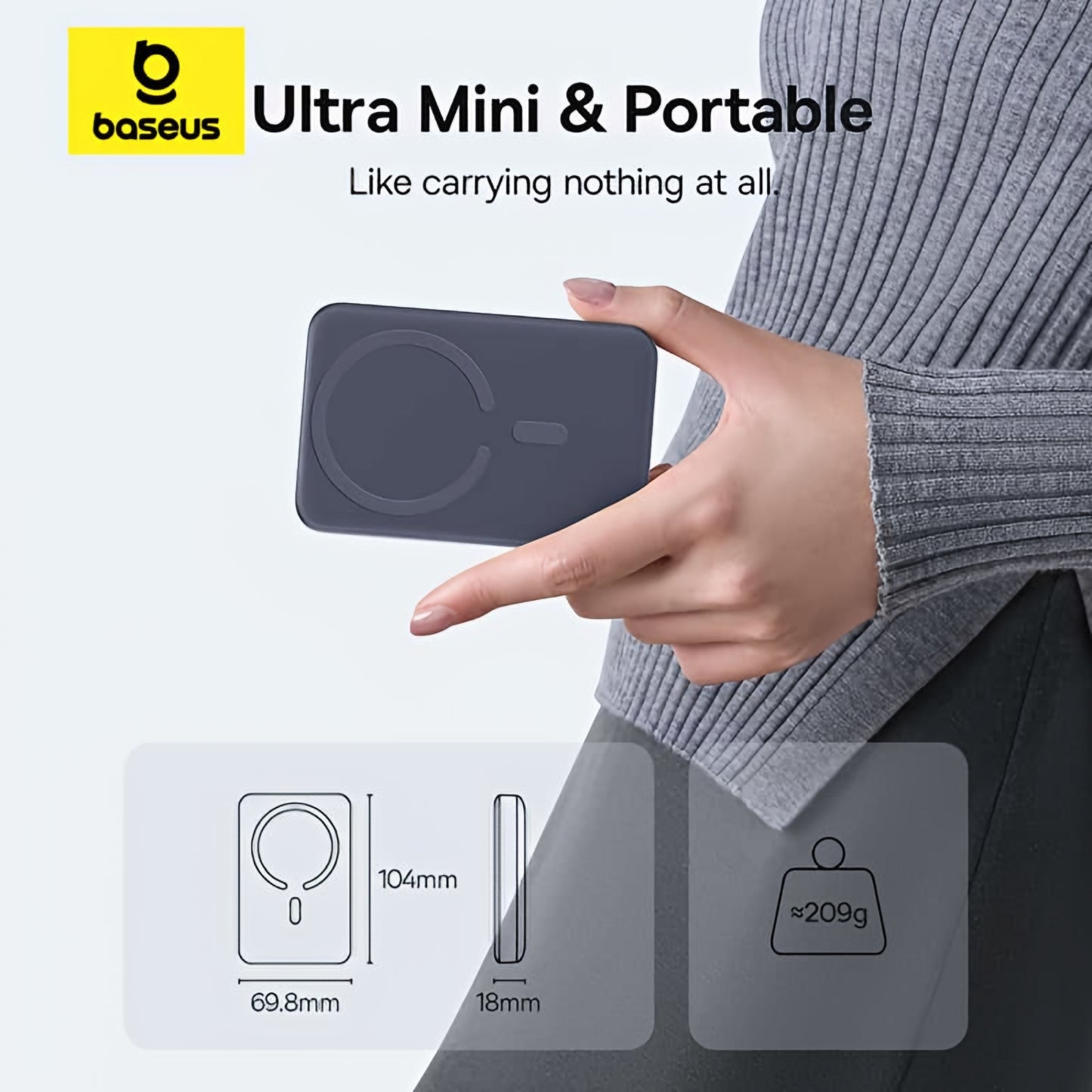 Външна батерия Wireless Baseus EnerFill FM11 Ultra-Mini, 10000mAh, 22.5W, PD + FQI, 1 x QI - 1 x USB-C, Сива E0026602