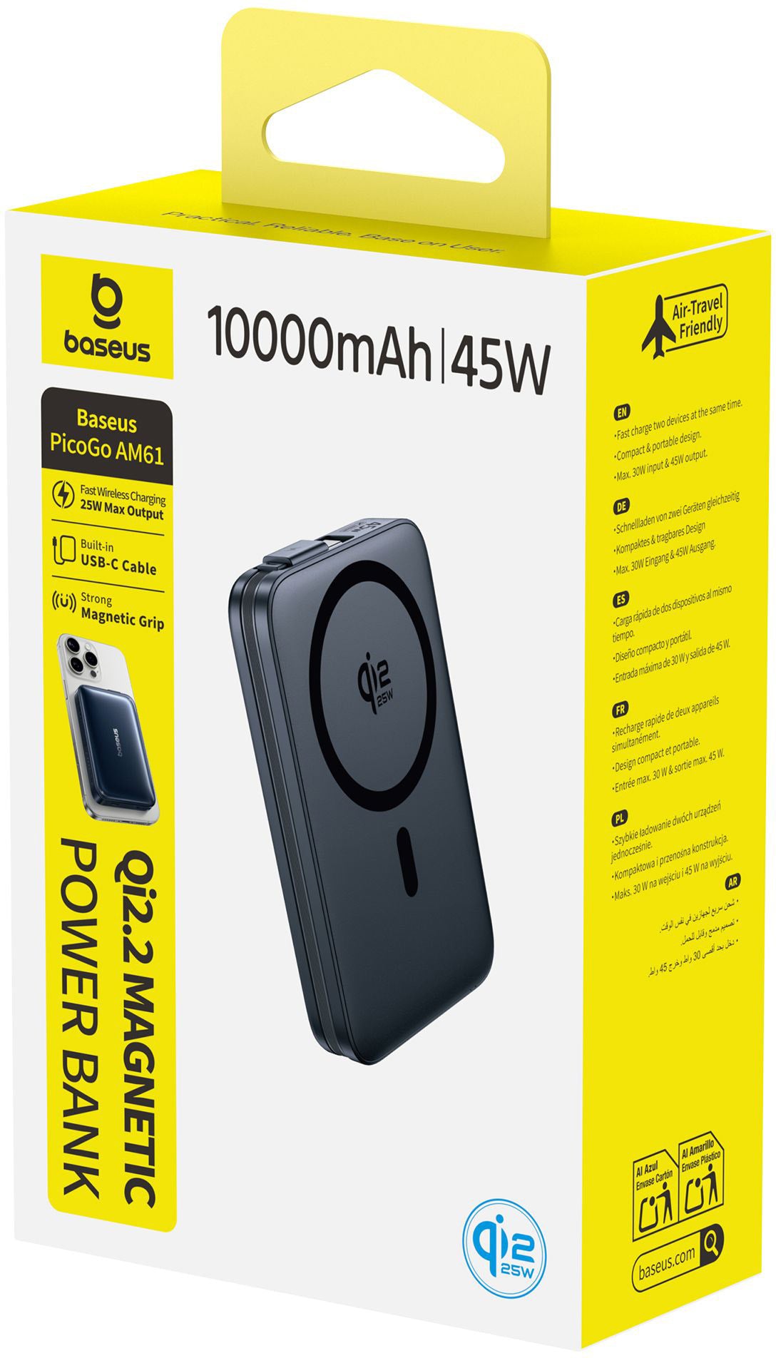 Безжичен външен акумулатор Baseus PicoGo AM61, 10000mAh, 45W, PD + FQI, 1 x QI - 2 x USB-C, Черен E0028V00