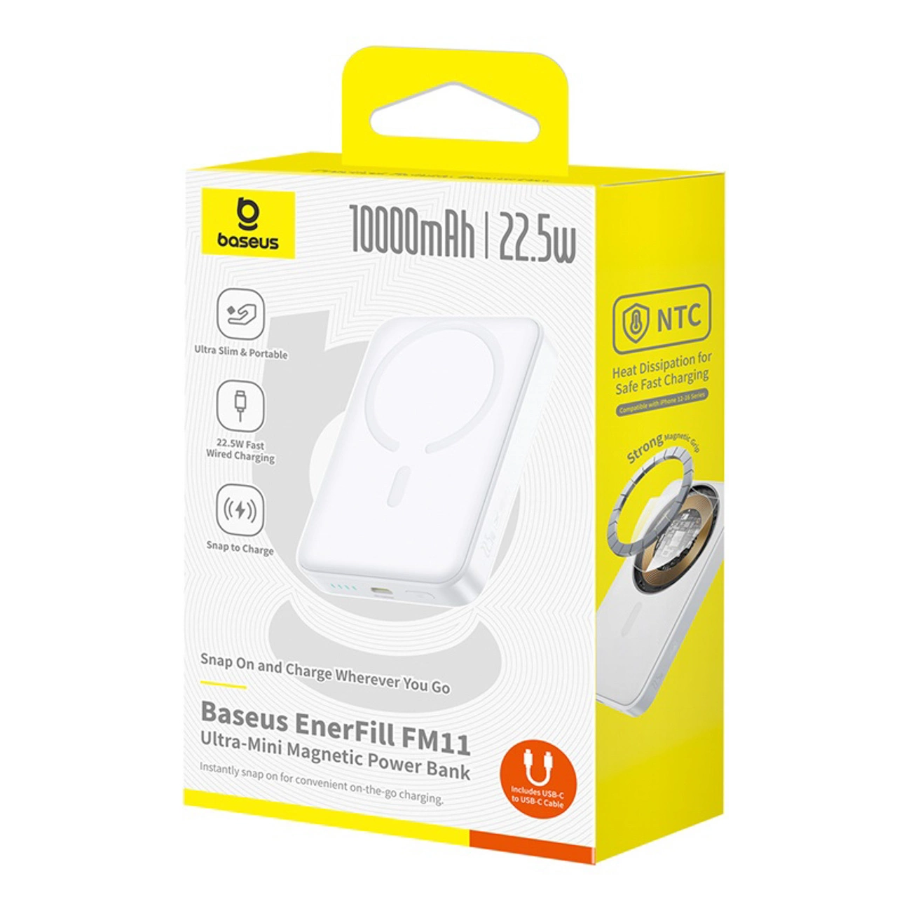Външна батерия Wireless Baseus EnerFill FM11 Ultra-Mini, 10000mAh, 22.5W, PD + FQI, 1 x QI - 1 x USB-C, Бяла P1008210E213-00