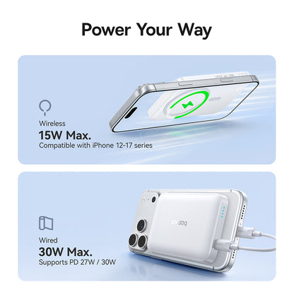 Безжичен външен акумулатор Baseus EnerFill FM11, 10000mAh, 30W, PD + FQI, 1 x QI - 1 x USB-C, бял