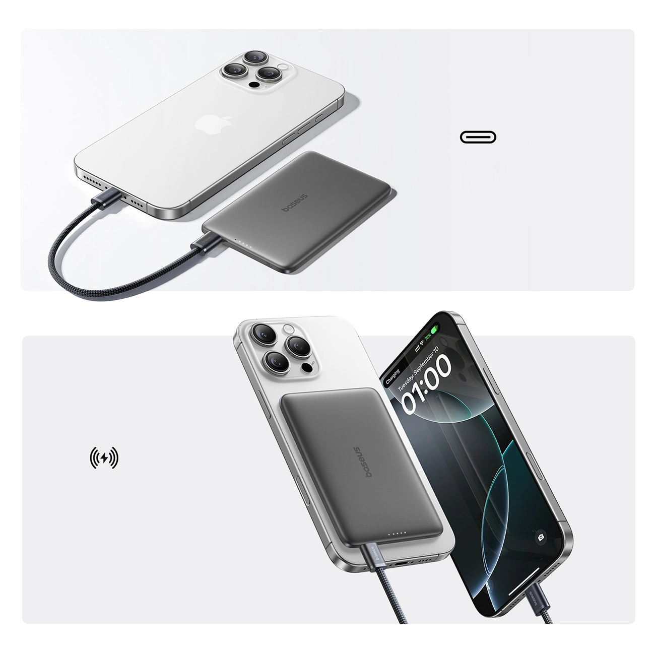Външна батерия Wireless Baseus PicoGo AM41, 5000mAh, 20W, PD + FQI, 1 x QI - 1 x USB-C, Черна