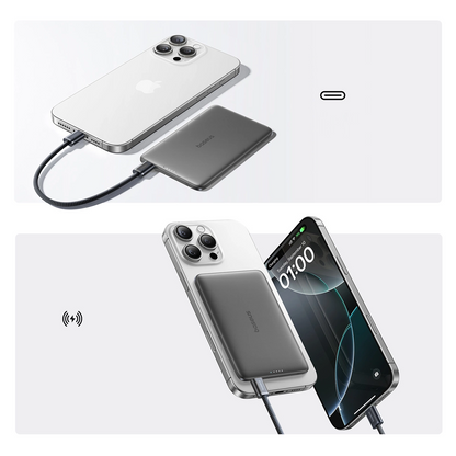 Външна батерия Wireless Baseus PicoGo AM41, 5000mAh, 20W, PD + FQI, 1 x QI - 1 x USB-C, Черна