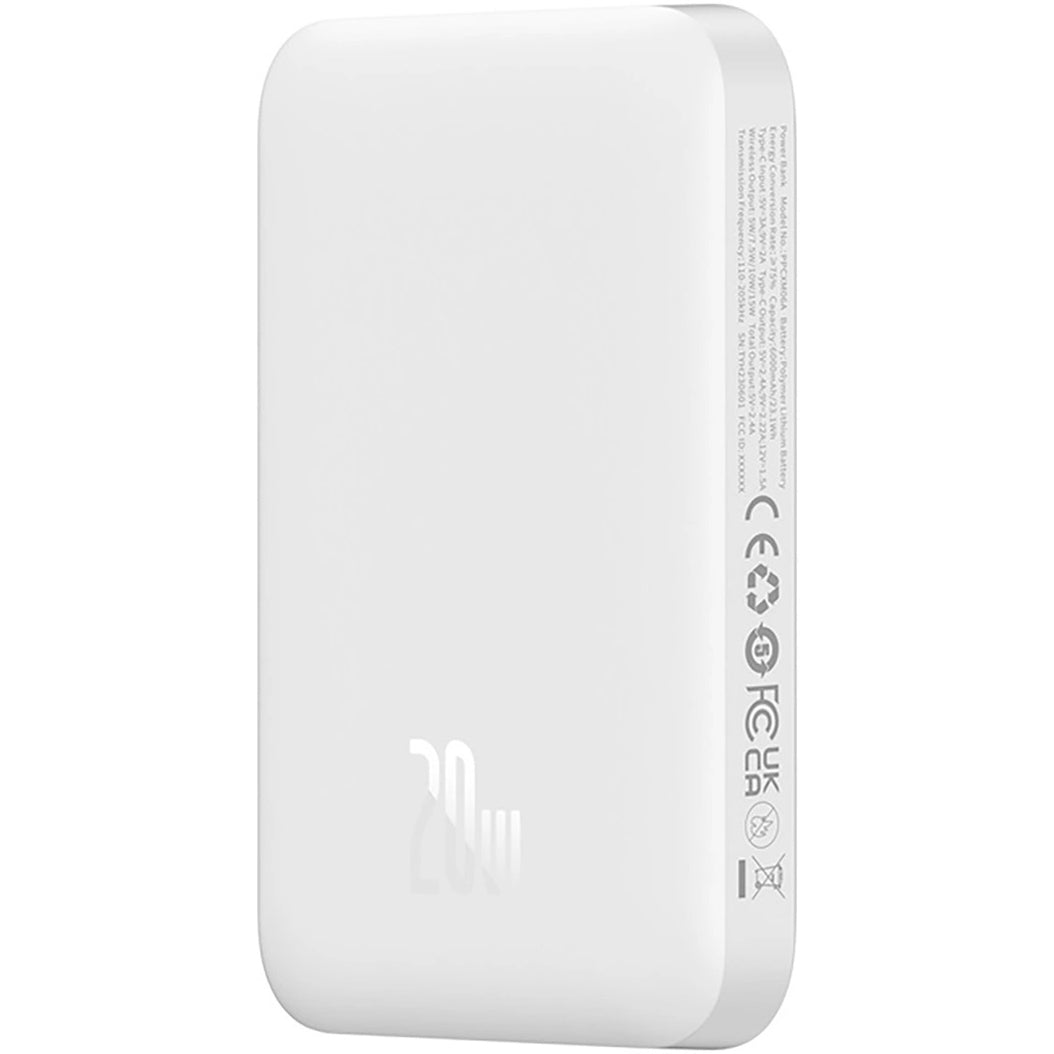 Baseus Магнитна мини безжична външна батерия, 6000mAh, 20W, PD + FQI, 1 x QI - 1 x USB-C, бяла 