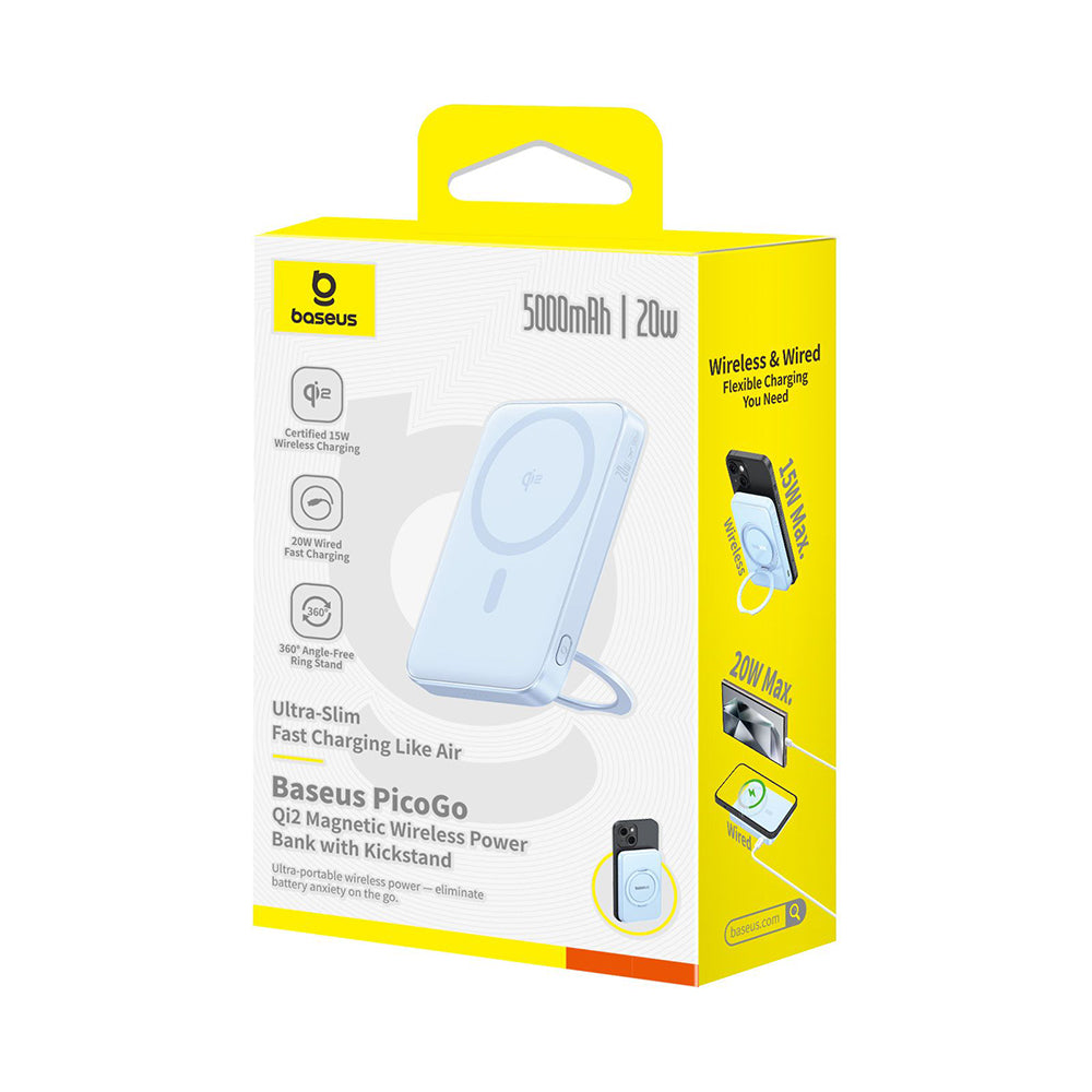 Външна безжична батерия Baseus PicoGo, 5000mAh, 20W, PD + FQI, 1 x QI - 1 x USB-C, Синя P10076800313-00
