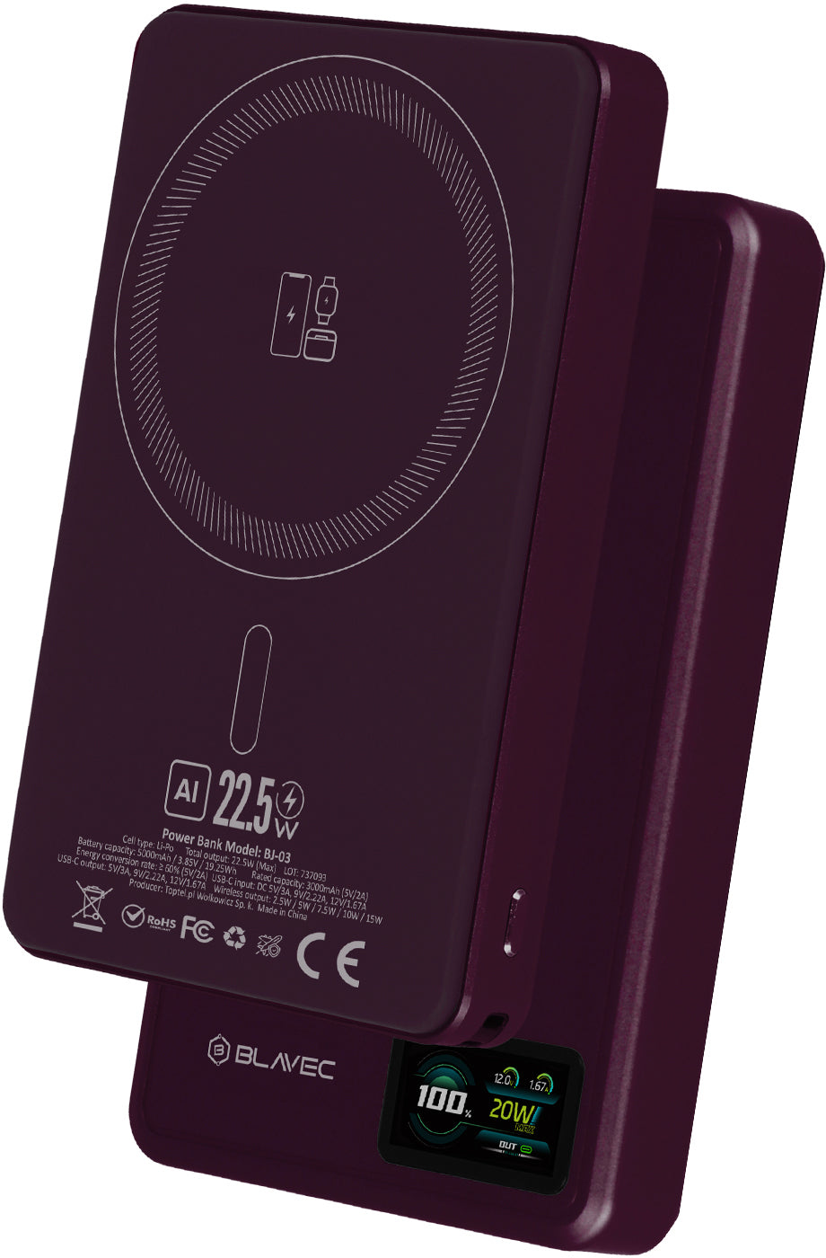 Безжична външна батерия Blavec BJ-03 Slim, 10000 mAh, 22,5 W, PD + FQI, 1 x QI - 1 x USB-C, лилава