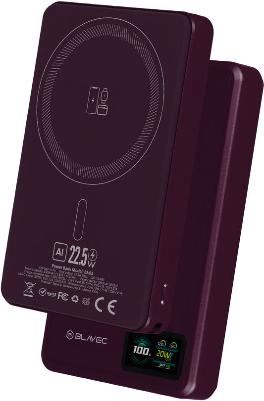 Безжична външна батерия Blavec BJ-03 Slim, 10000 mAh, 22,5 W, PD + FQI, 1 x QI - 1 x USB-C, лилава