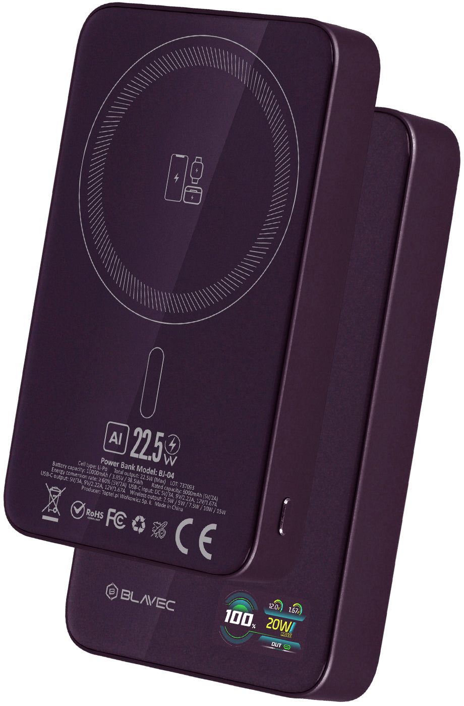 Безжична външна батерия Blavec BJ-04 Slim, 10000 mAh, 22,5 W, PD + FQI, 1 x QI - 1 x USB-C, лилава