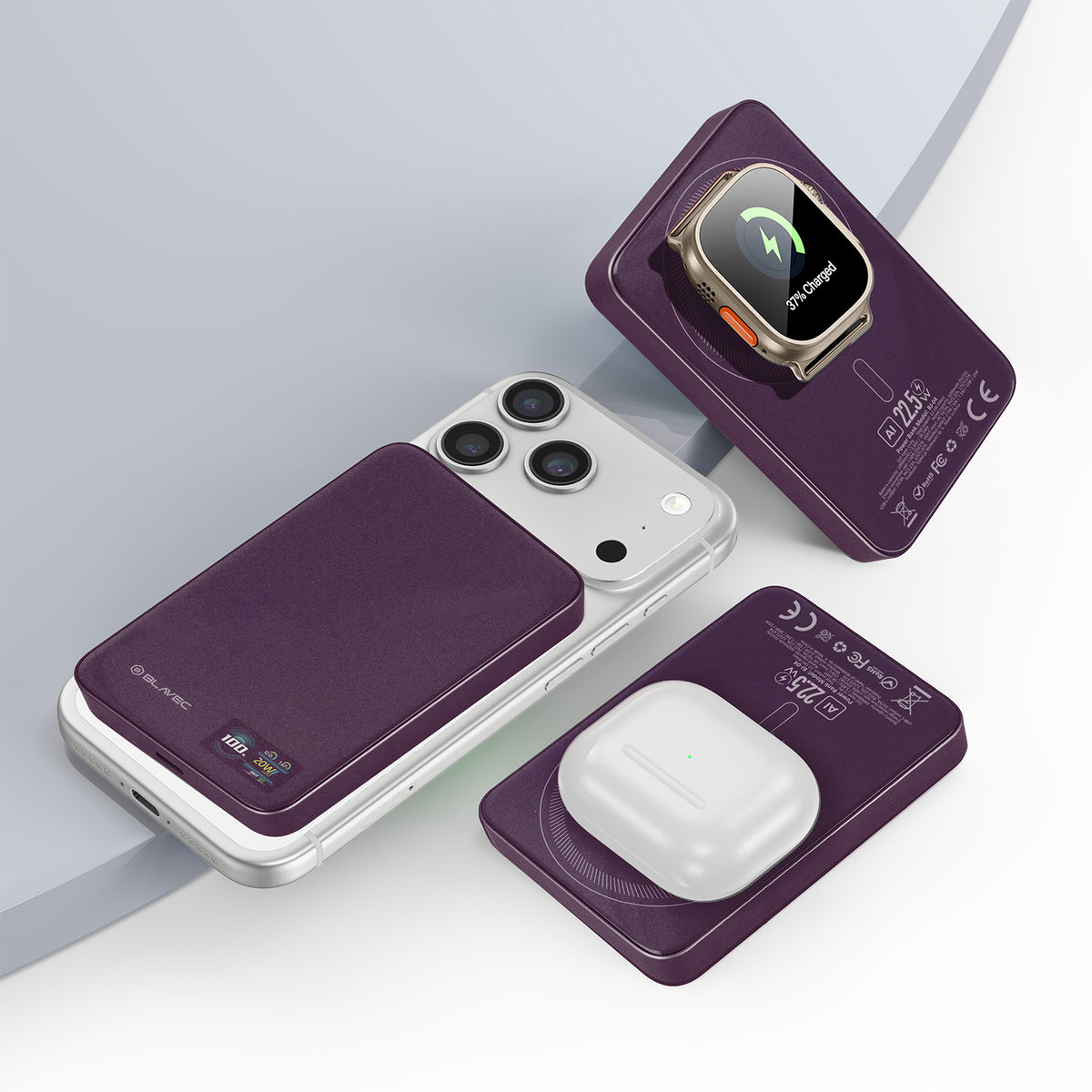 Безжична външна батерия Blavec BJ-04 Slim, 10000 mAh, 22,5 W, PD + FQI, 1 x QI - 1 x USB-C, лилава