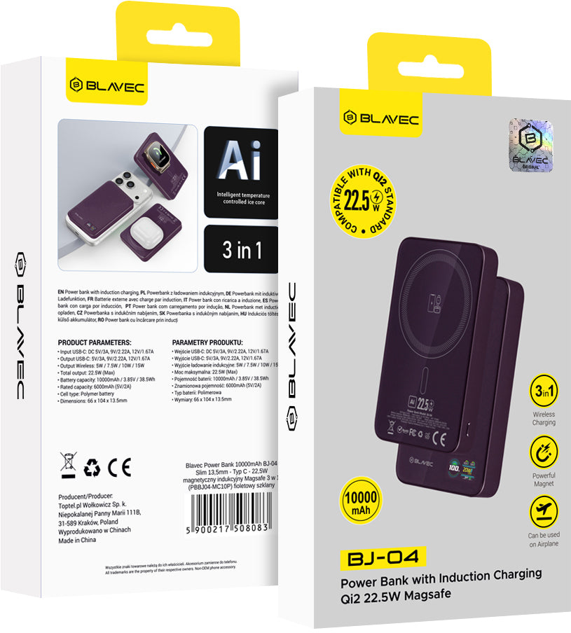 Безжична външна батерия Blavec BJ-04 Slim, 10000 mAh, 22,5 W, PD + FQI, 1 x QI - 1 x USB-C, лилава