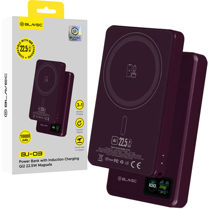 Безжична външна батерия Blavec BJ-03 Slim, 10000 mAh, 22,5 W, PD + FQI, 1 x QI - 1 x USB-C, лилава