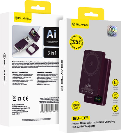 Безжична външна батерия Blavec BJ-03 Slim, 10000 mAh, 22,5 W, PD + FQI, 1 x QI - 1 x USB-C, лилава