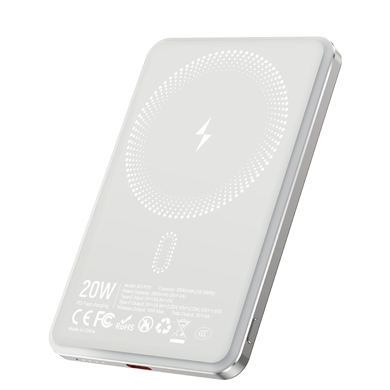 Безжична външна батерия BWOO P79, 5000mAh, 20W, PD + FQI, 1 x QI - 1 x USB-C, Сива