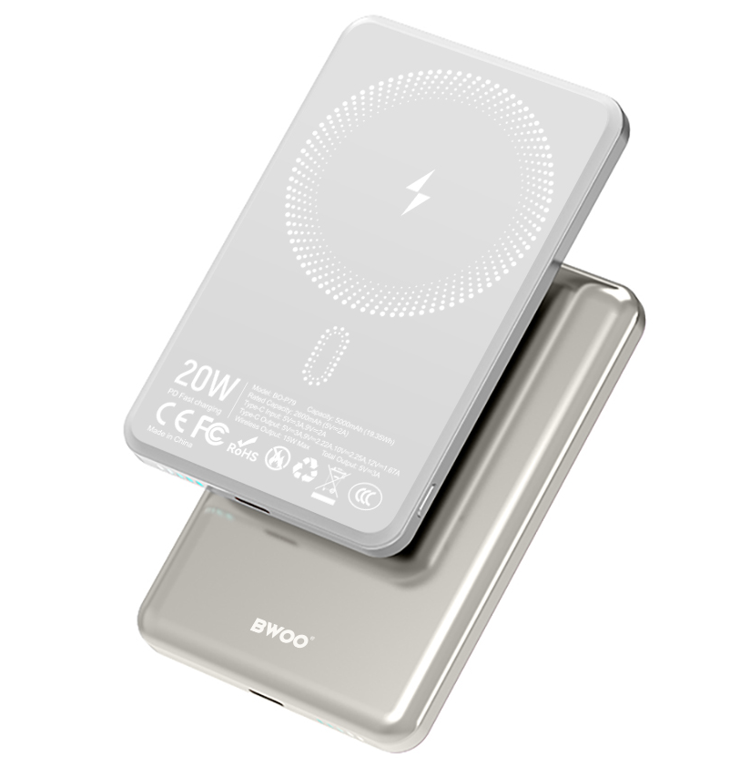 Безжична външна батерия BWOO P79, 5000mAh, 20W, PD + FQI, 1 x QI - 1 x USB-C, Сива