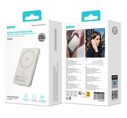 Безжична външна батерия BWOO P79, 5000mAh, 20W, PD + FQI, 1 x QI - 1 x USB-C, Сива