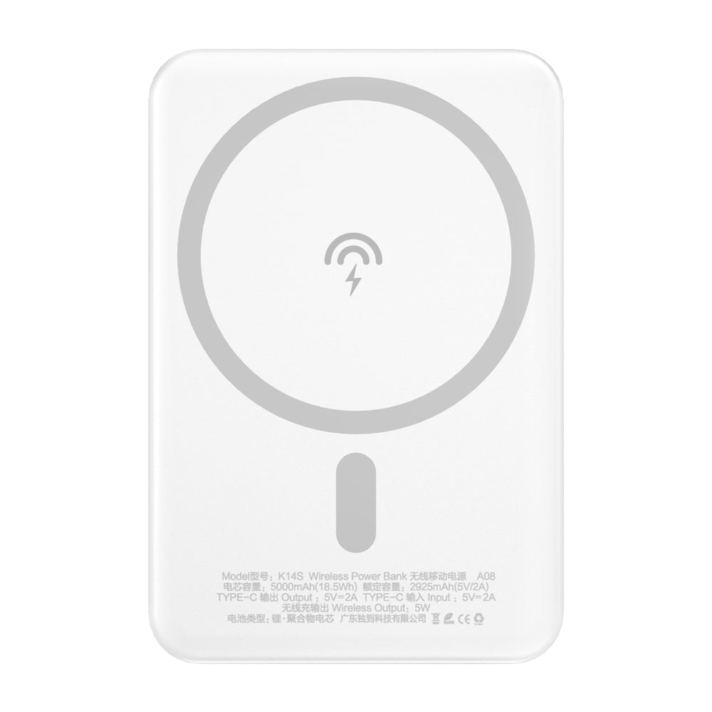 Външна батерия Wireless Dudao K14S, 5000mAh, 10W, PD + QI, 1 x QI - 1 x USB-C, Бяла