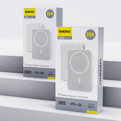 Външна батерия Wireless Dudao K26s, 5000mAh, 20W, PD + FQI, 1 x QI - 1 x USB-C, Бяла