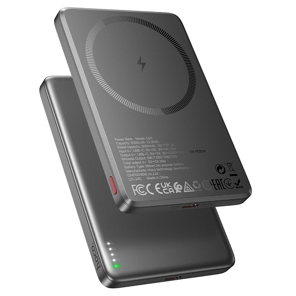 Безжична външна батерия HOCO Q26, 5000mAh, 20W, PD + FQI, 1 x QI - 1 x USB-C, Сива
