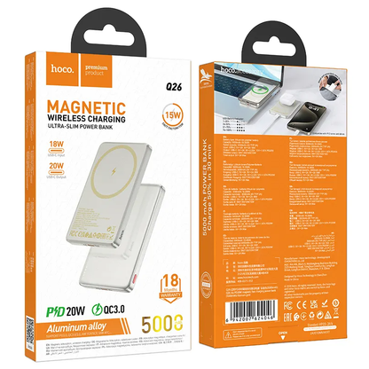 Безжична външна батерия HOCO Q26, 5000mAh, 20W, PD + FQI, 1 x QI - 1 x USB-C, Оранжева