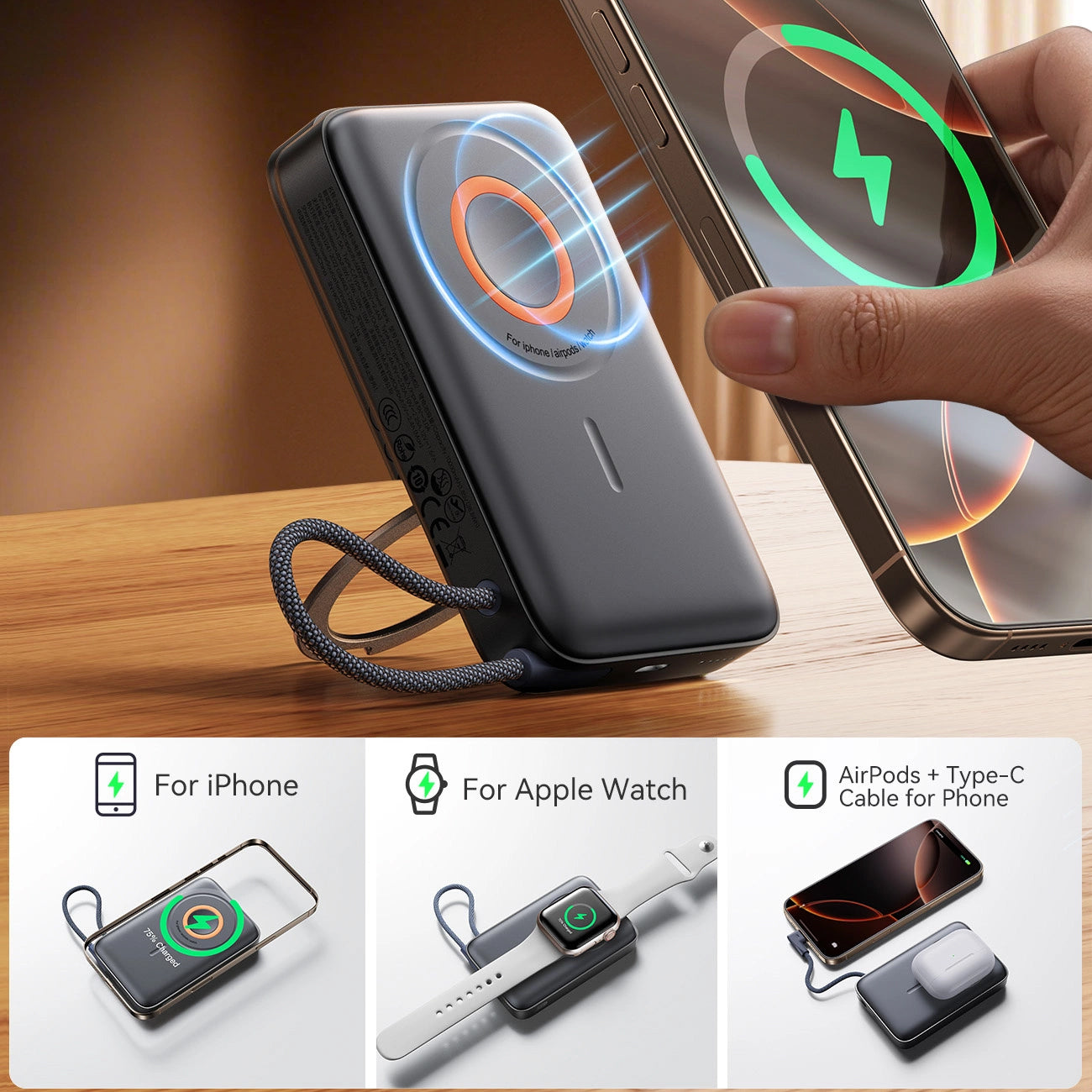Външна батерия Wireless Joyroom JR-PBM02, 10000mAh, 22.5W, PD + FQI, 1 x QI - 2 x USB-C, Черна