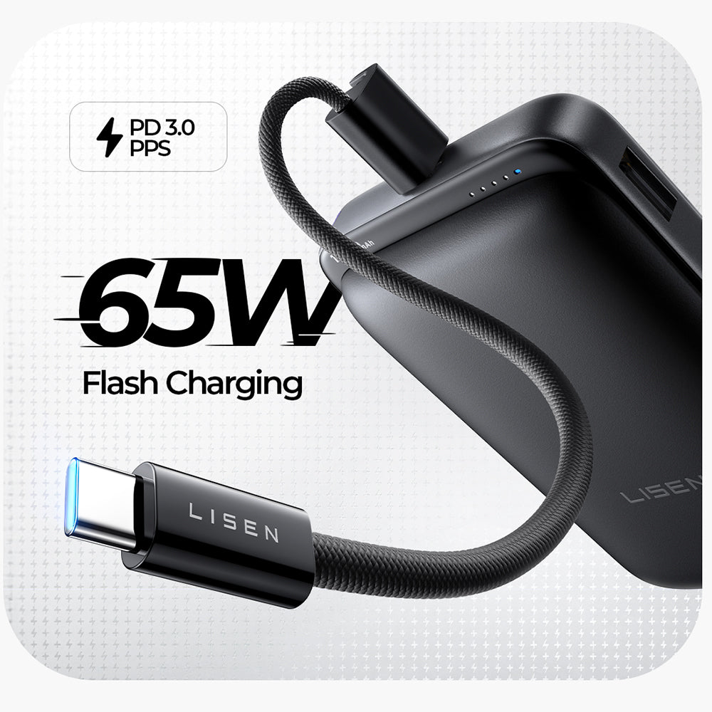 Безжична външна батерия Lisen P604, 10000mAh, 65W, QC + PD + FQI, 1 x QI - 1 x USB-A - 1 x USB-C, Черна