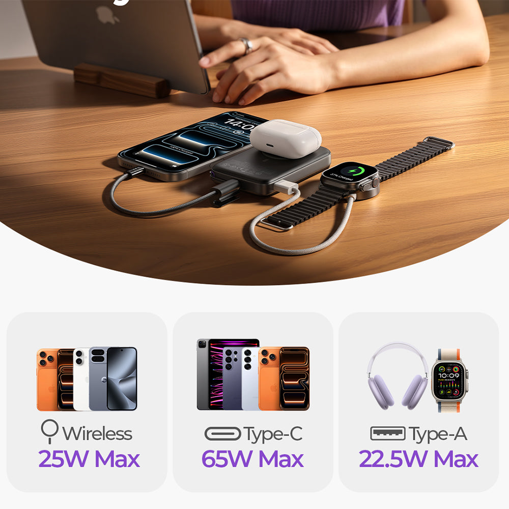 Безжична външна батерия Lisen P604, 10000mAh, 65W, QC + PD + FQI, 1 x QI - 1 x USB-A - 1 x USB-C, Черна