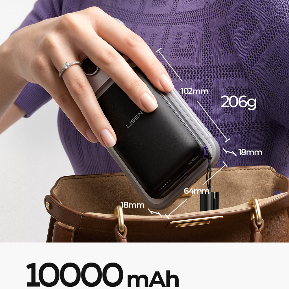 Безжична външна батерия Lisen P604, 10000mAh, 65W, QC + PD + FQI, 1 x QI - 1 x USB-A - 1 x USB-C, Черна