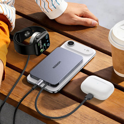 Безжична външна батерия UGREEN PB570 (65839B), 10000 mAh, 30 W, PD + FQI, 1 x QI – 2 x USB-C, синя