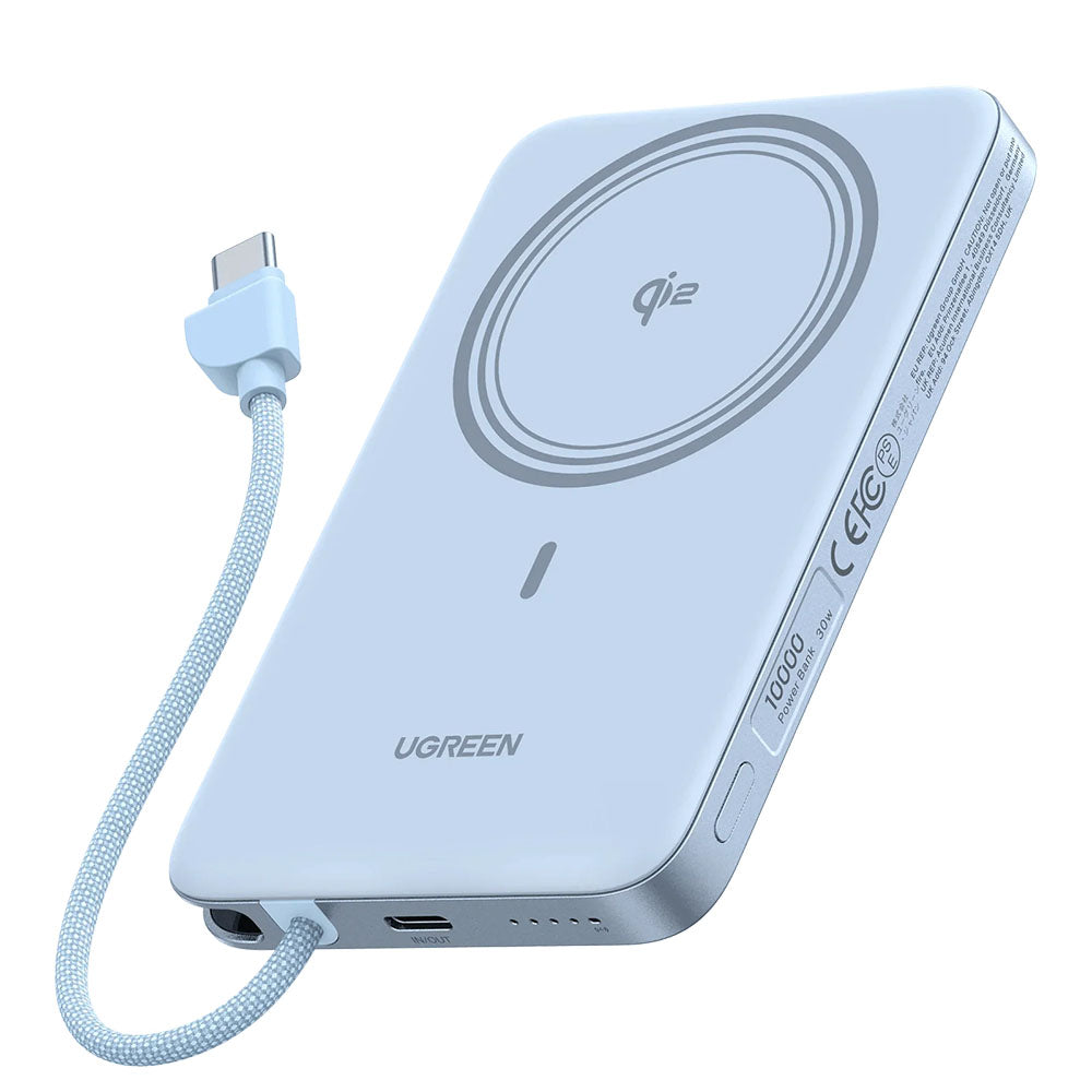Безжична външна батерия UGREEN PB570 (65839B), 10000 mAh, 30 W, PD + FQI, 1 x QI – 2 x USB-C, синя